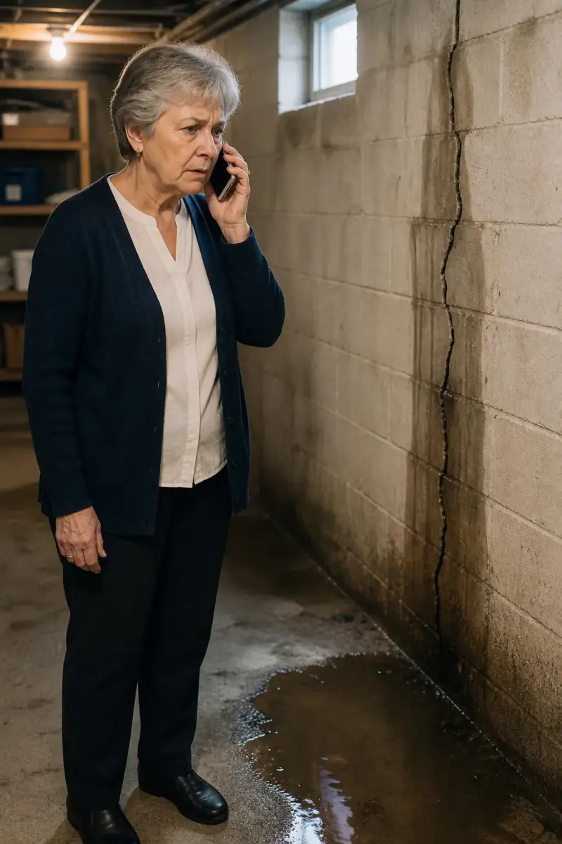 An older homeowner on the phone in a wet basement, standing beside a stained cracked foundation wall