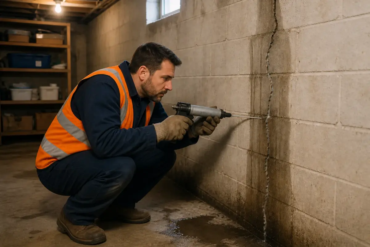 A worker in a navy jacket and orange vest repairing the same cracked leaking basement wall the homeowner called about