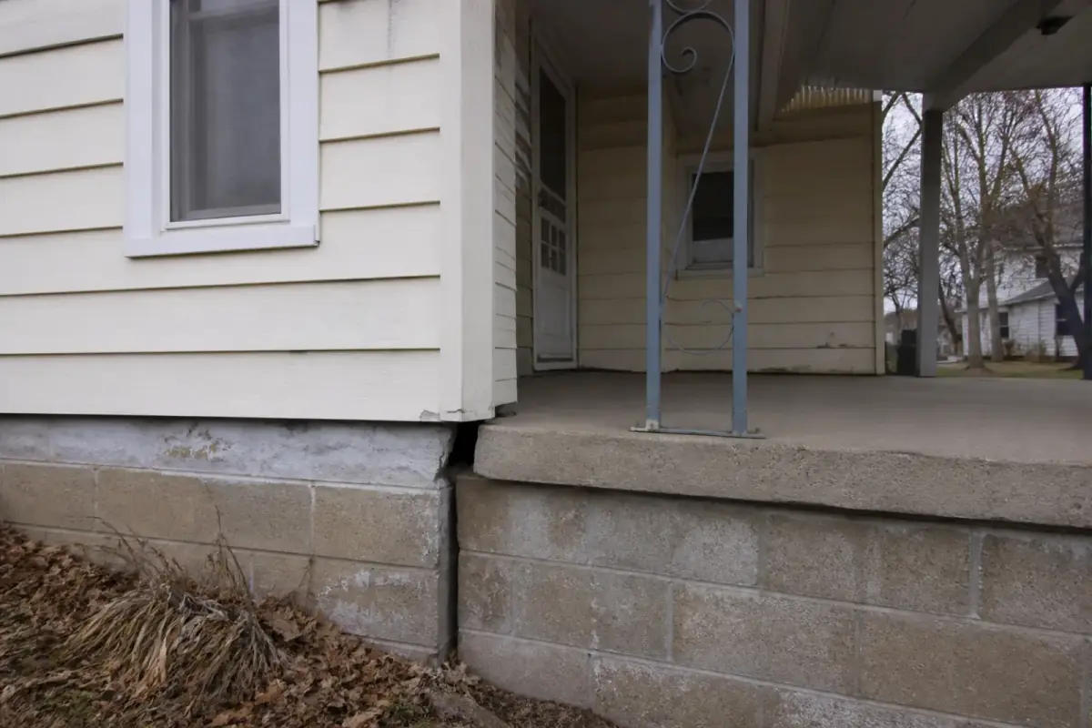 Home exterior showing settlement at the foundation