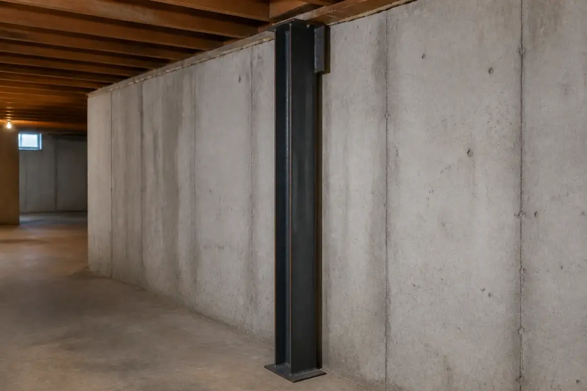 Steel beam bracing a basement wall